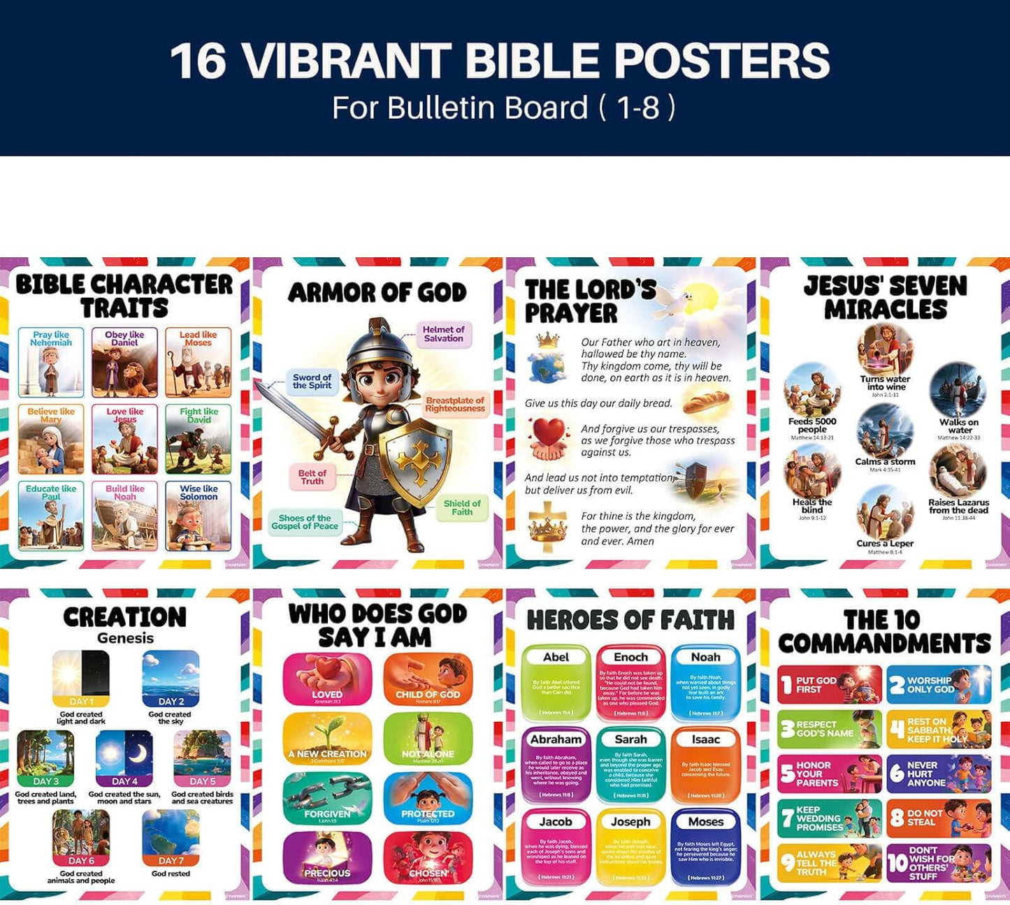 16pcs Bible Posters for Kids, 11x14in