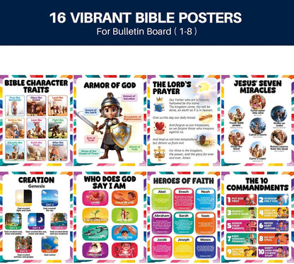 16pcs Bible Posters for Kids, 11x14in