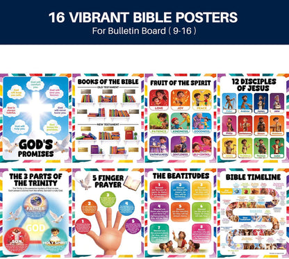 16pcs Bible Posters for Kids, 11x14in