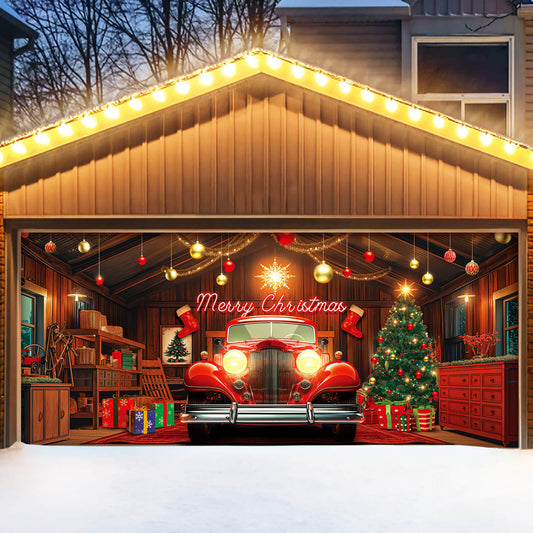 Christmas Garage Door Cover, 7x16 ft, Red Car