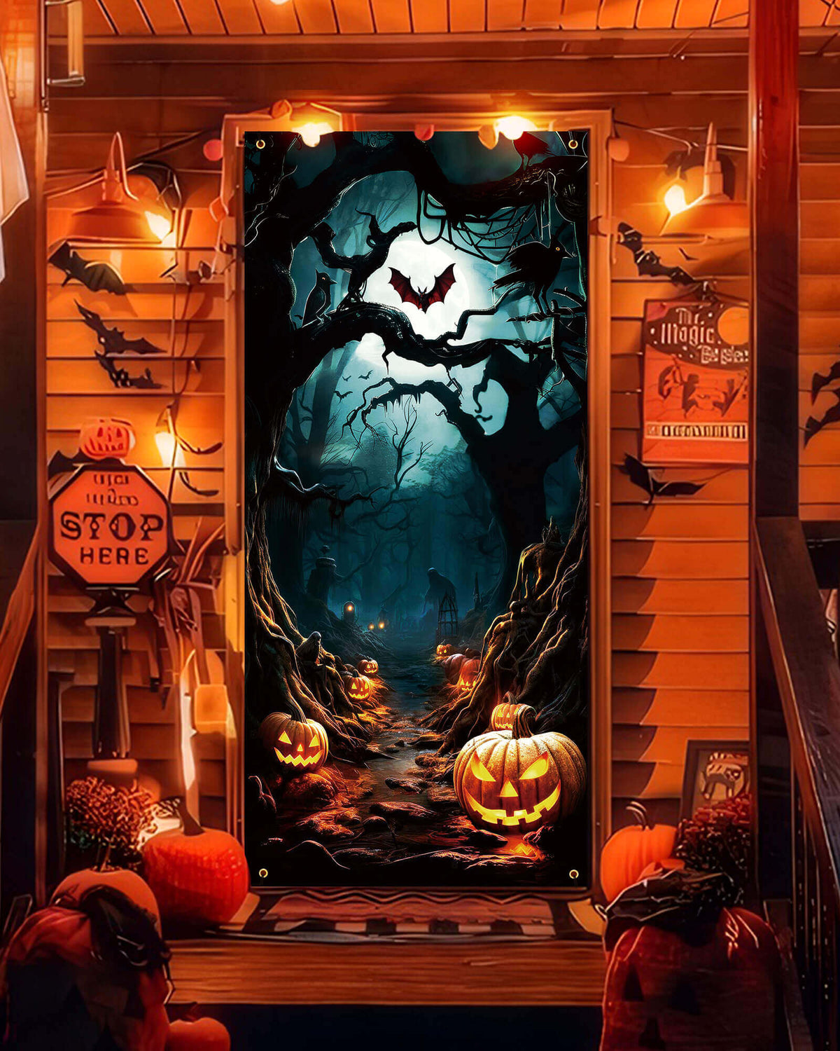 Halloween Door Cover, 35.4"x78", Pumpkin Forest